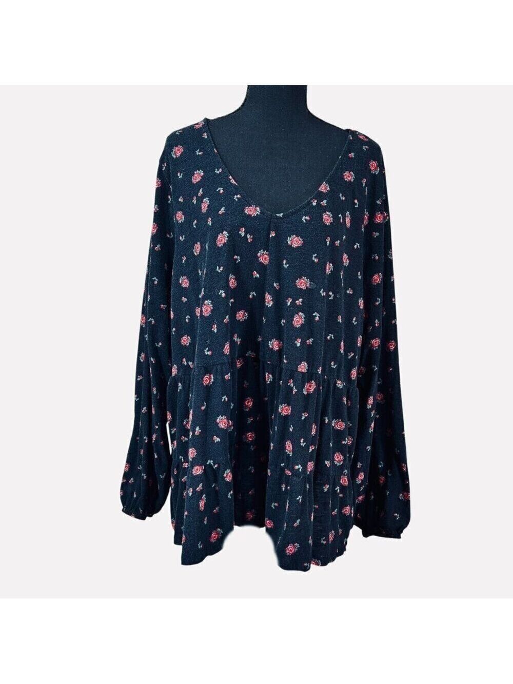 Torrid Black Red Roses Print Babydoll Cotton Blend Top Size 4